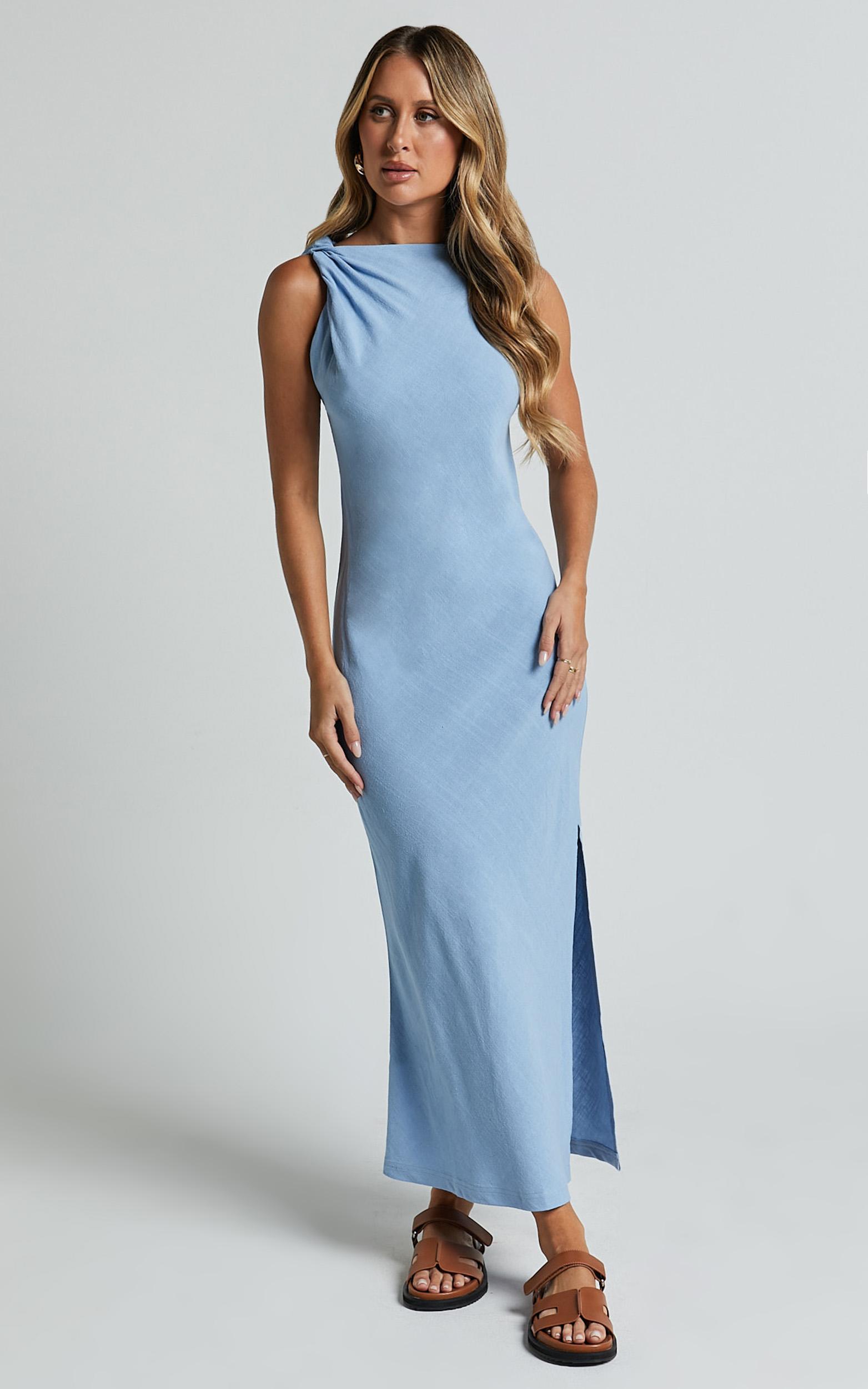 jessenia midi dress - linen high neck dress in blue