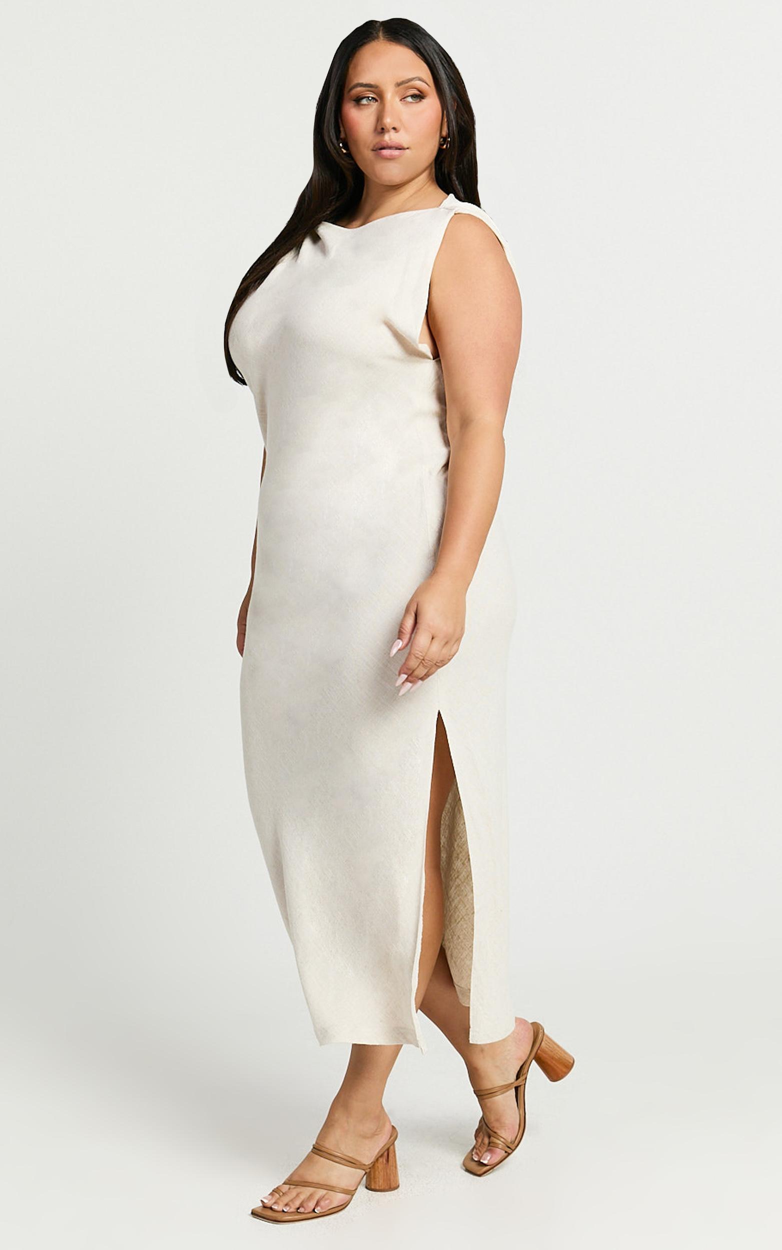 jessenia midi dress - linen high neck dress in natural