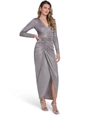 jessica howard womens v neck front slit ruched ball gown