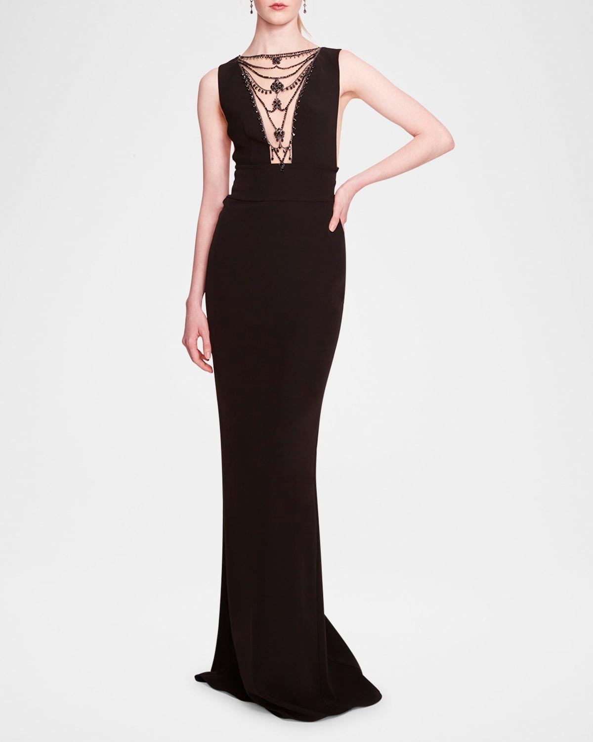 jewel-embellished crepe plunge gown