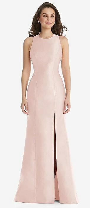 jewel neck bowed open-back trumpet dress with front slit