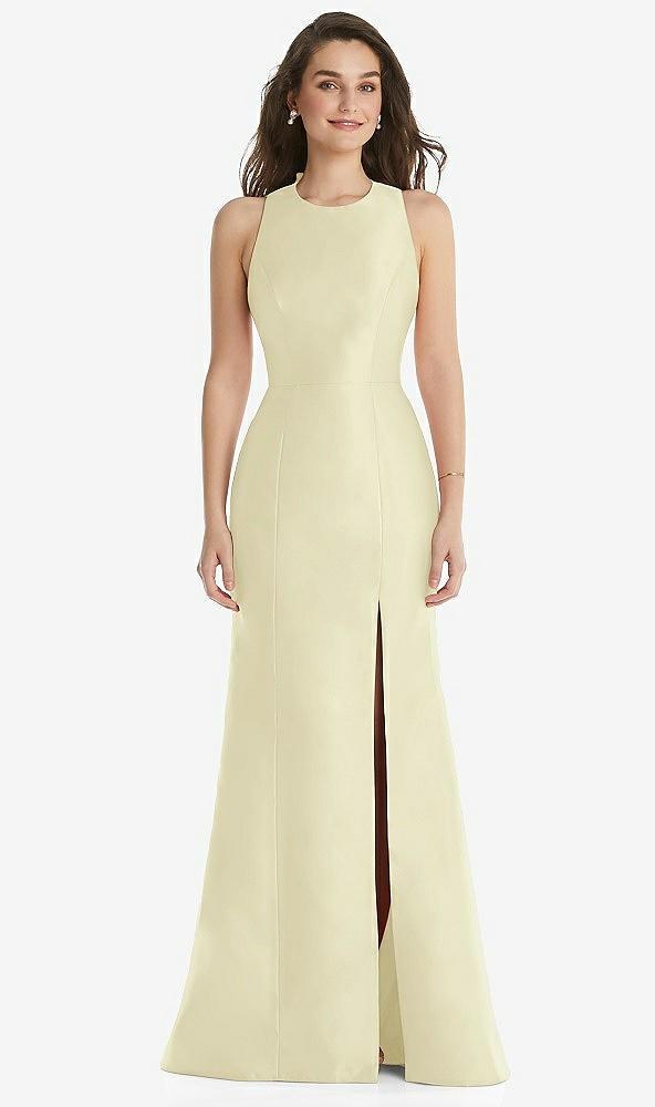 jewel neck bowed open-back trumpet dress with front slit