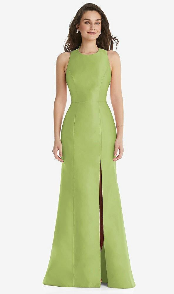 jewel neck bowed open-back trumpet dress with front slit