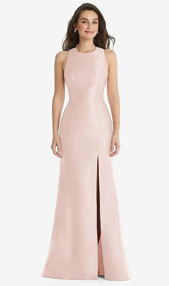jewel neck bowed open-back trumpet dress with front slit