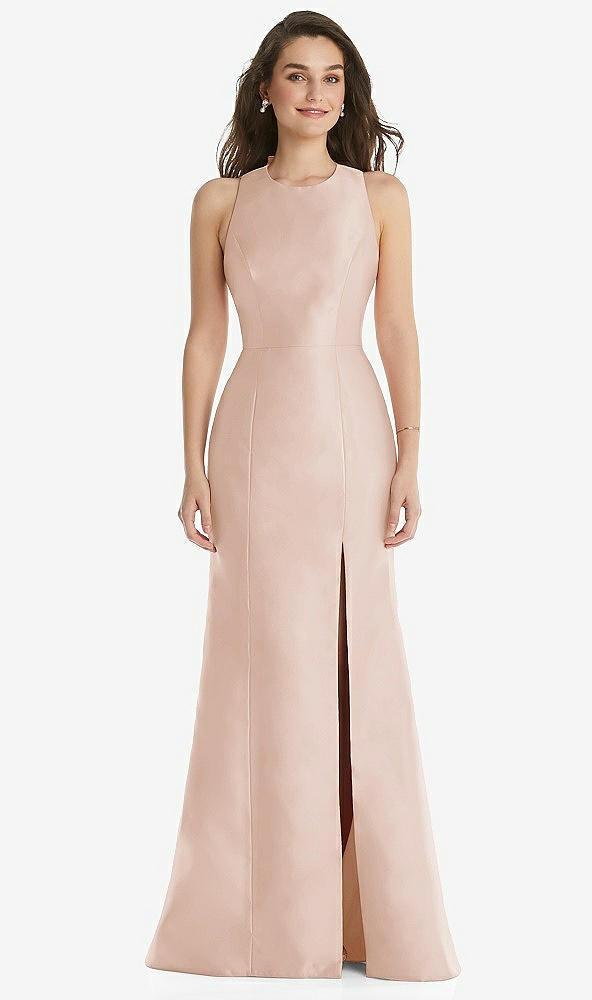 jewel neck bowed open-back trumpet dress with front slit