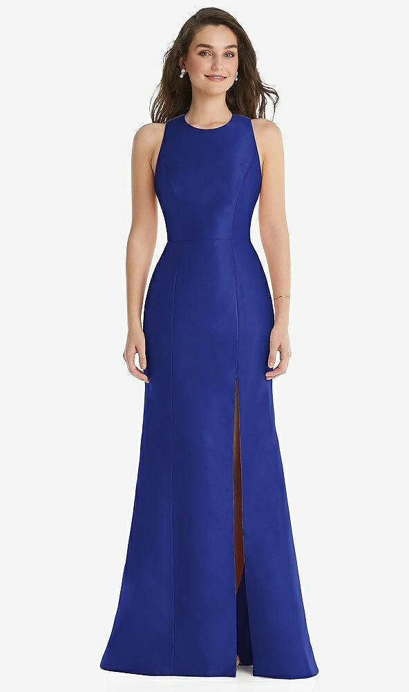 jewel neck bowed open-back trumpet dress with front slit