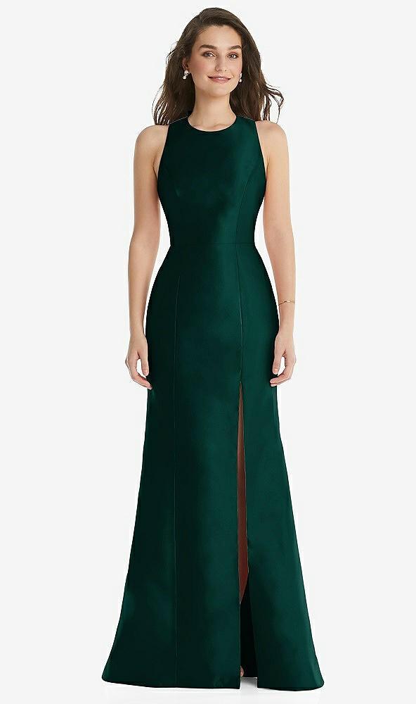 jewel neck bowed open-back trumpet dress with front slit