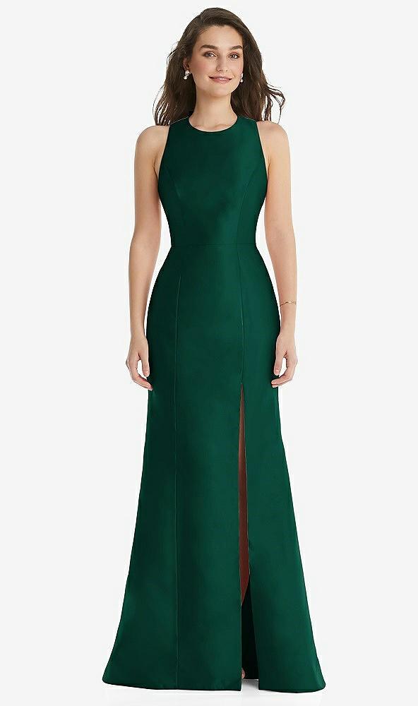 jewel neck bowed open-back trumpet dress with front slit
