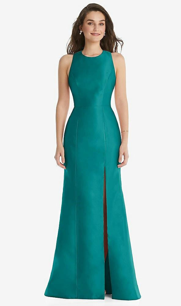 jewel neck bowed open-back trumpet dress with front slit
