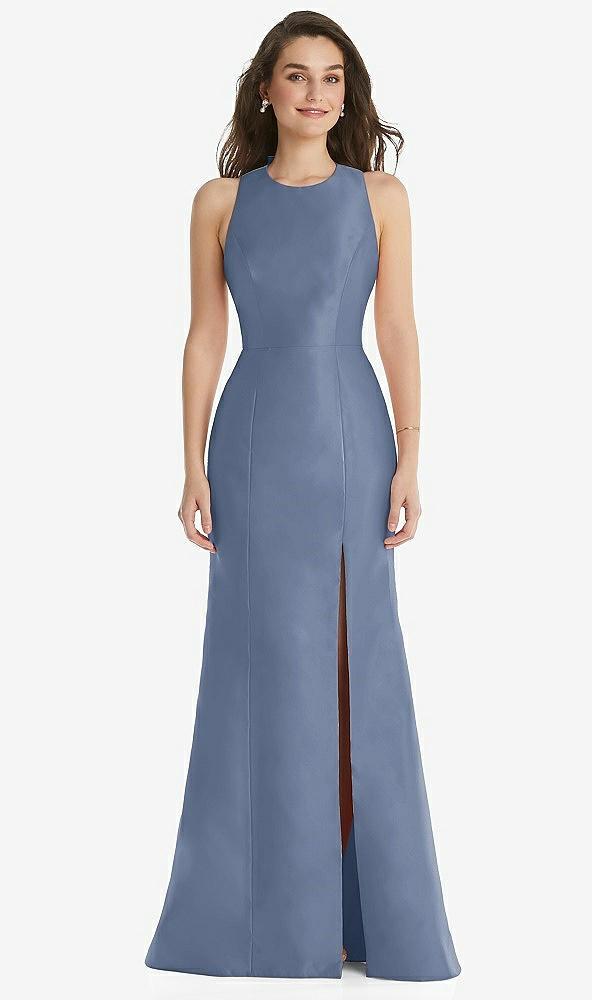 jewel neck bowed open-back trumpet dress with front slit