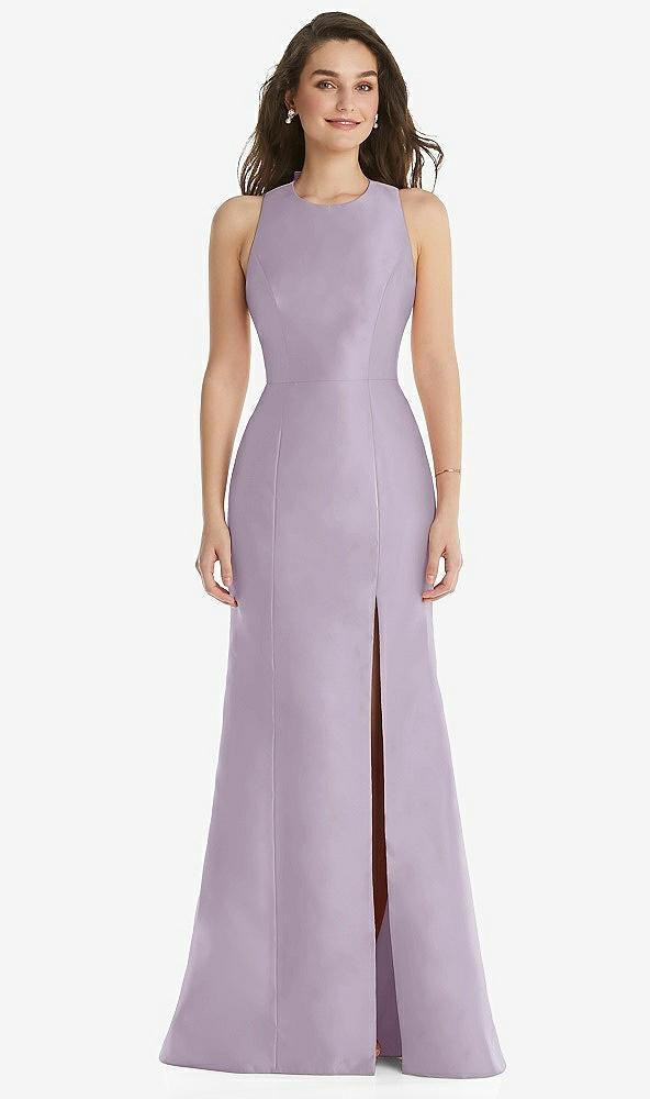 jewel neck bowed open-back trumpet dress with front slit