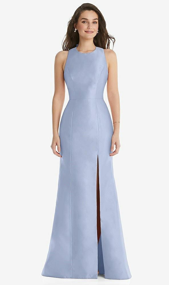jewel neck bowed open-back trumpet dress with front slit