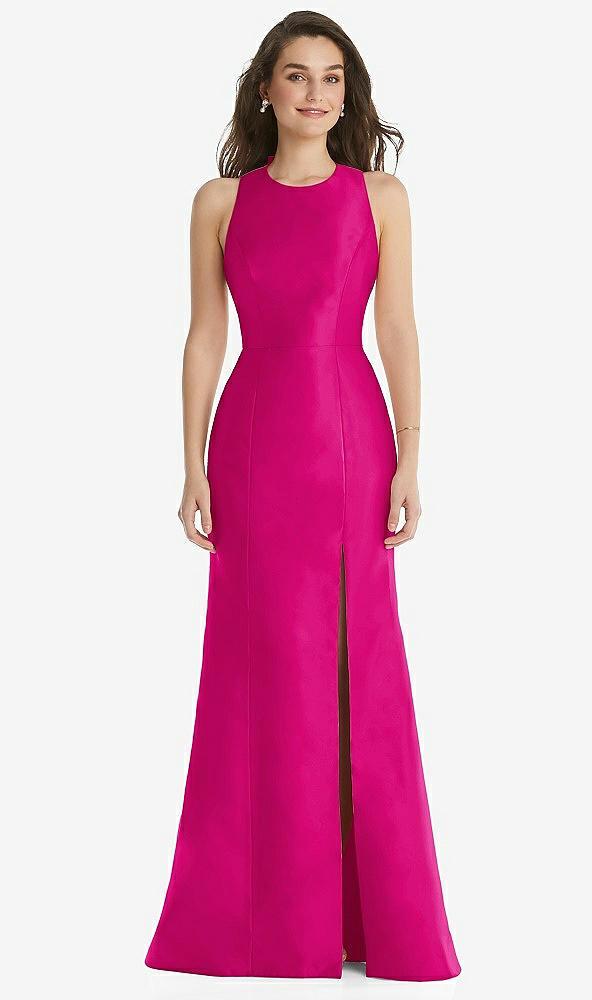 jewel neck bowed open-back trumpet dress with front slit