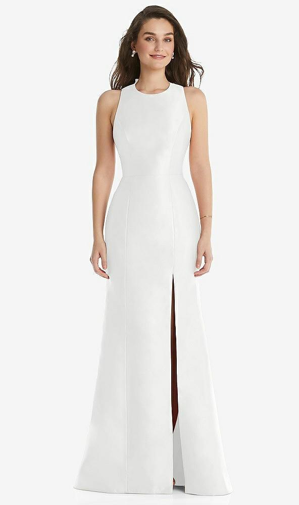 jewel neck bowed open-back trumpet dress with front slit