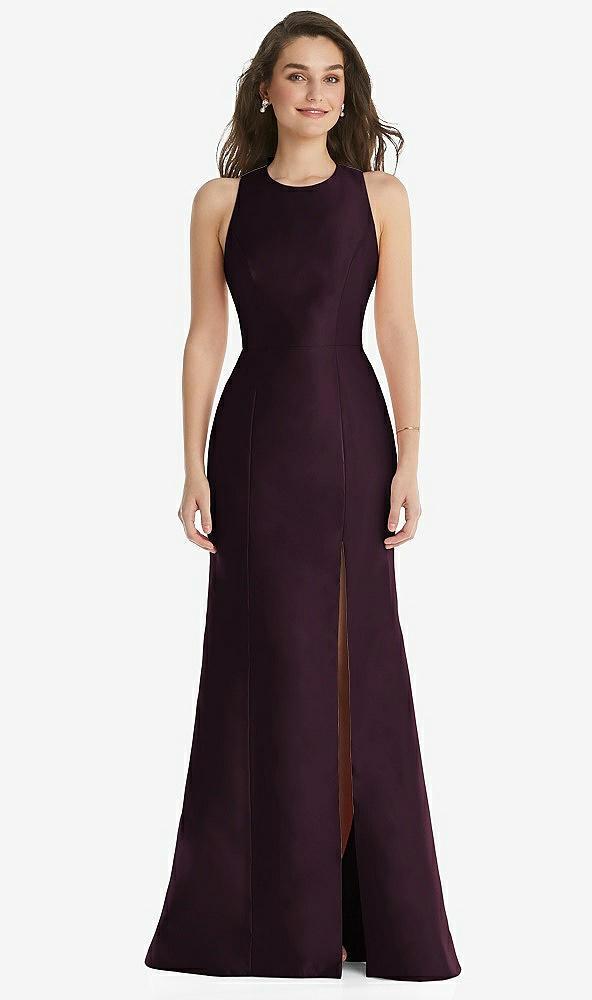 jewel neck bowed open-back trumpet dress with front slit