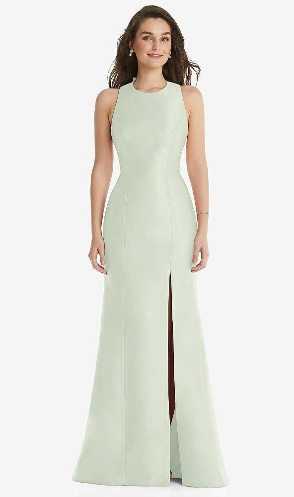 jewel neck bowed open-back trumpet dress with front slit