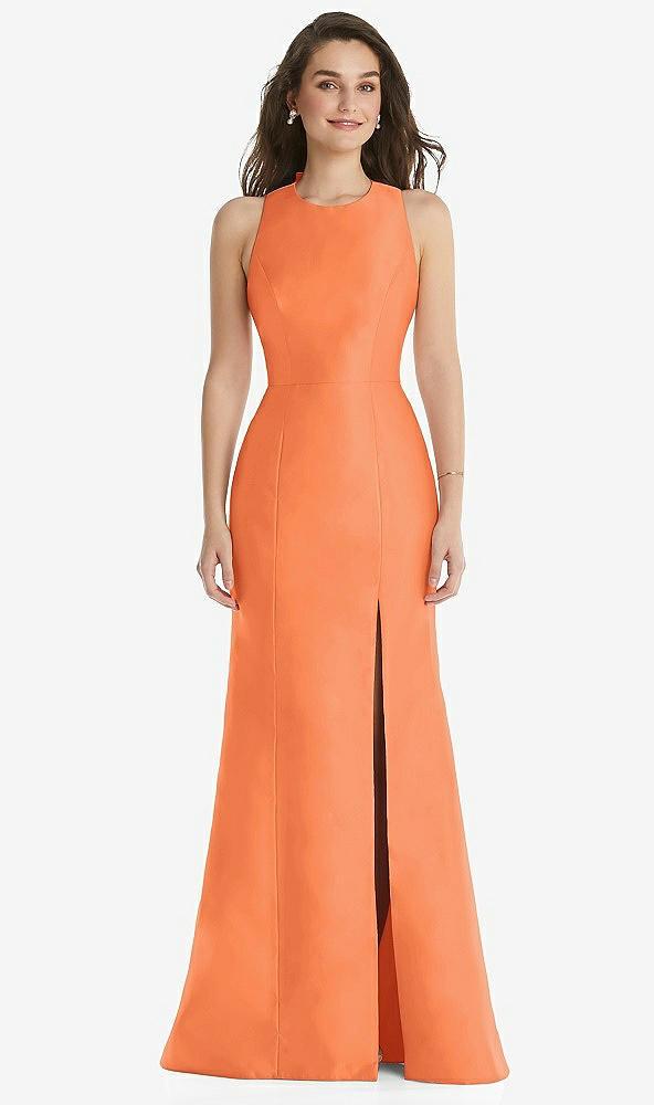 jewel neck bowed open-back trumpet dress with front slit