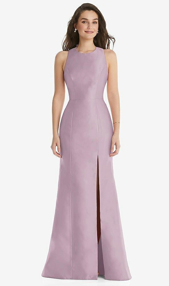 jewel neck bowed open-back trumpet dress with front slit