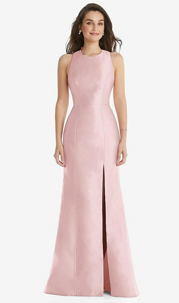 jewel neck bowed open-back trumpet dress with front slit