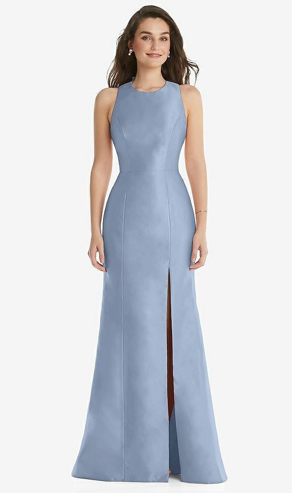 jewel neck bowed open-back trumpet dress with front slit