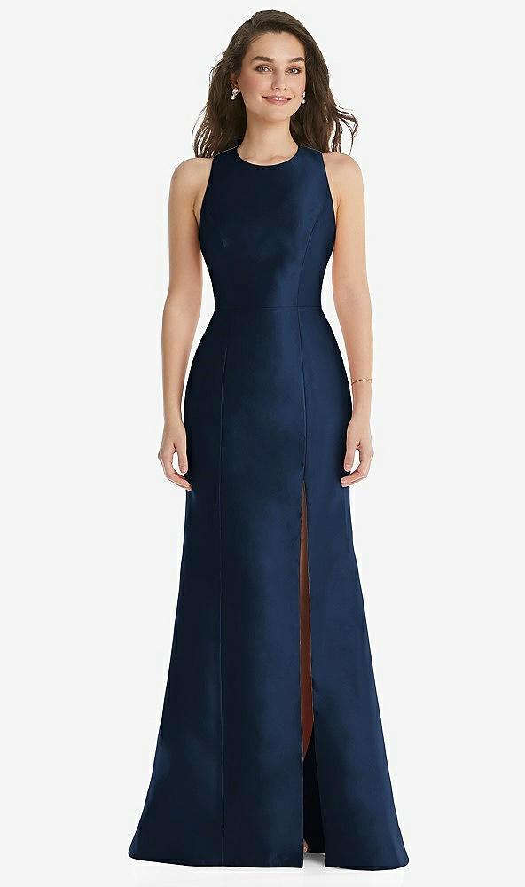 jewel neck bowed open-back trumpet dress with front slit