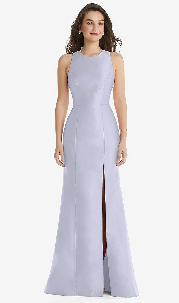 jewel neck bowed open-back trumpet dress with front slit