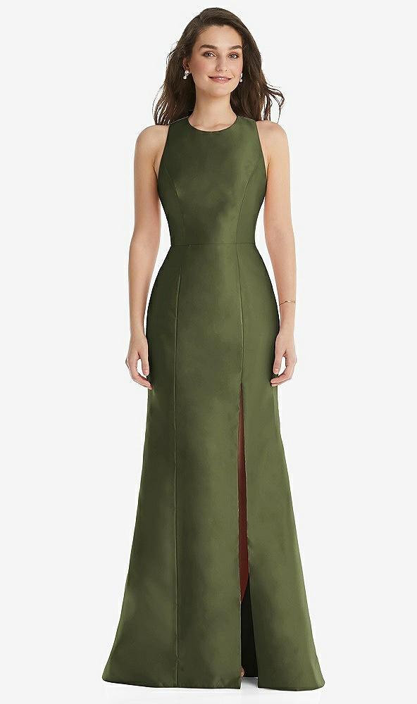 jewel neck bowed open-back trumpet dress with front slit