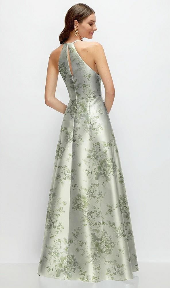 jewel neck halter full a-line satin floral maxi dress