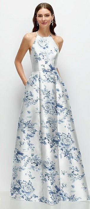 jewel neck halter full a-line satin floral maxi dress