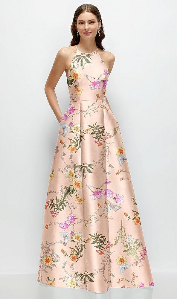 jewel neck halter full a-line satin floral maxi dress