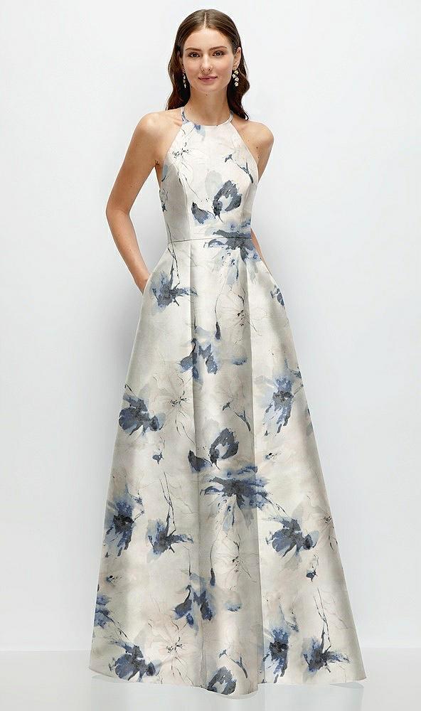 jewel neck halter full a-line satin floral maxi dress