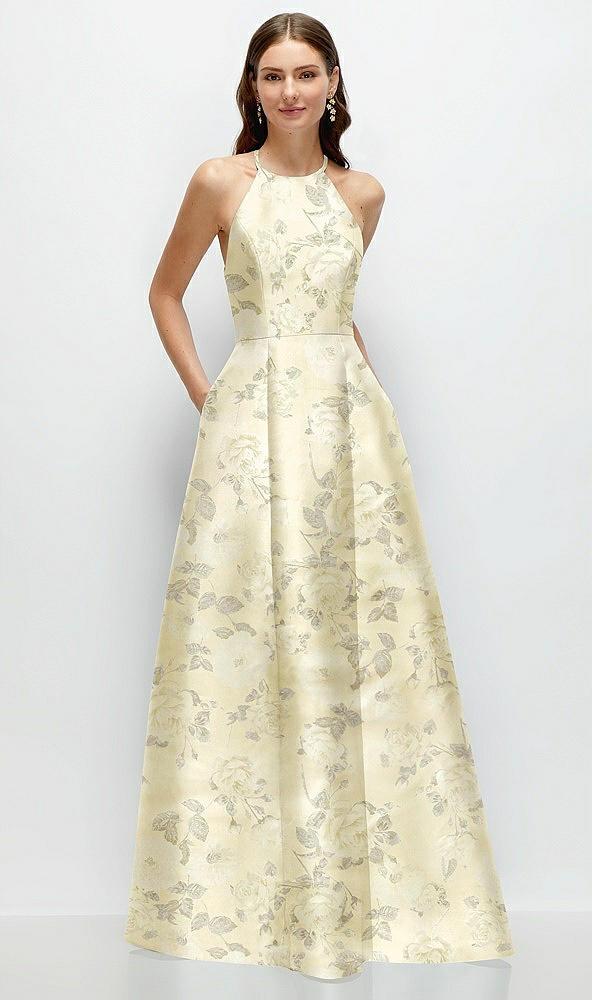 jewel neck halter full a-line satin floral maxi dress