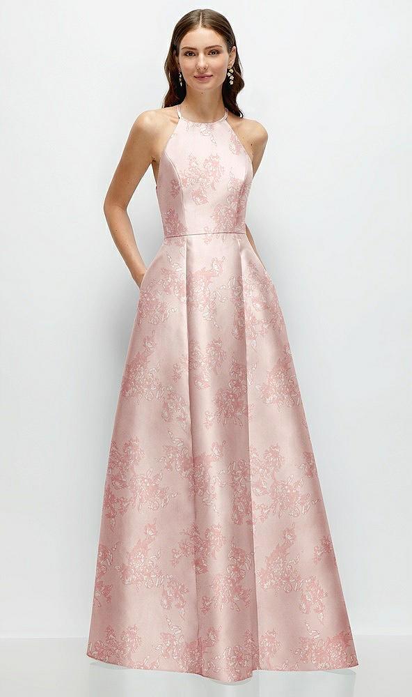 jewel neck halter full a-line satin floral maxi dress