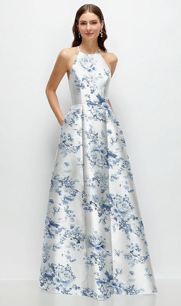 jewel neck halter full a-line satin floral maxi dress