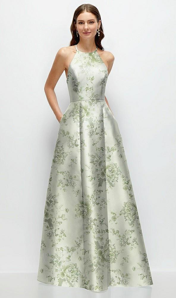 jewel neck halter full a-line satin floral maxi dress