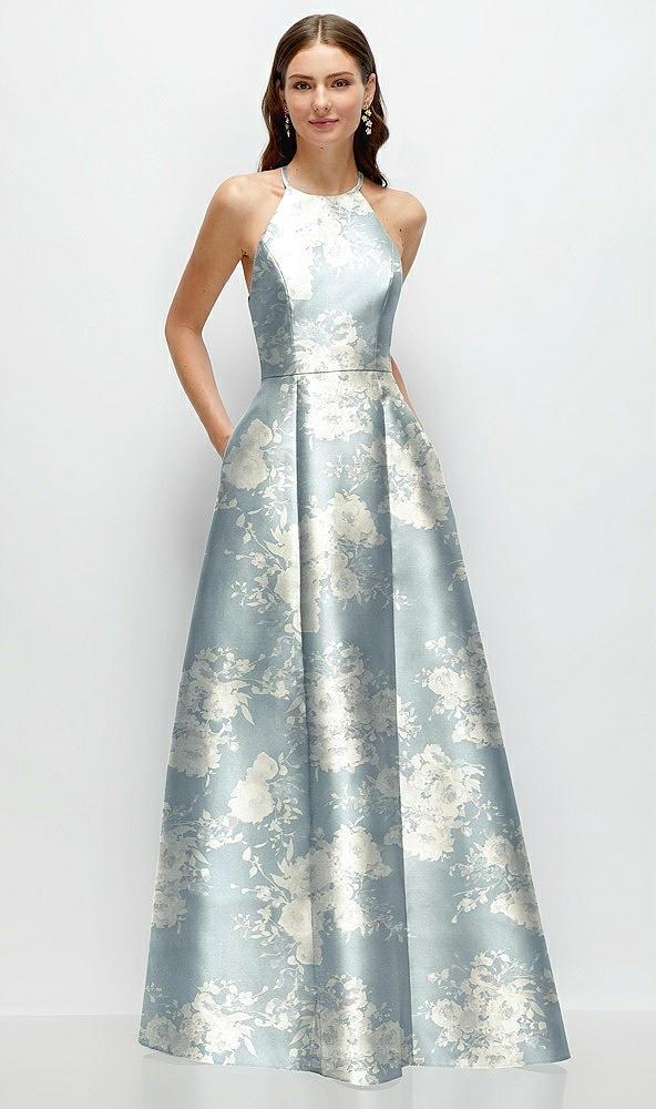 jewel neck halter full a-line satin floral maxi dress