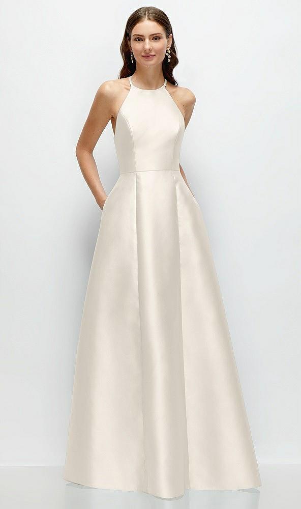 jewel neck halter full a-line satin maxi dress