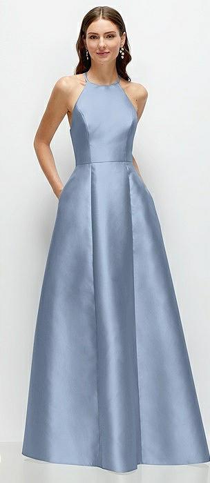 jewel neck halter full a-line satin maxi dress