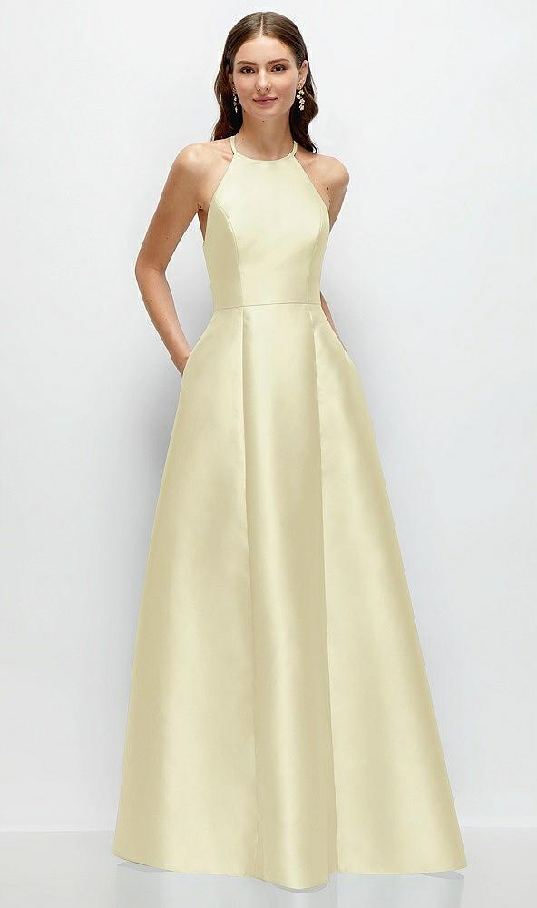 jewel neck halter full a-line satin maxi dress