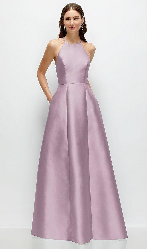 jewel neck halter full a-line satin maxi dress