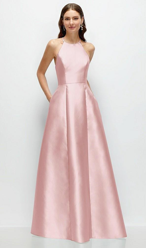 jewel neck halter full a-line satin maxi dress