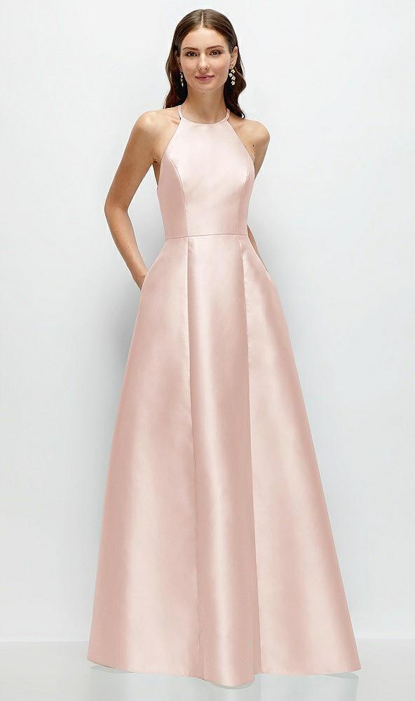 jewel neck halter full a-line satin maxi dress