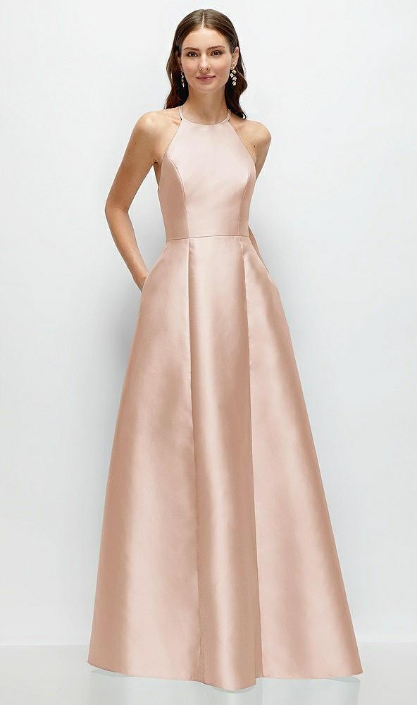 jewel neck halter full a-line satin maxi dress