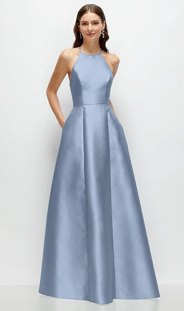 jewel neck halter full a-line satin maxi dress