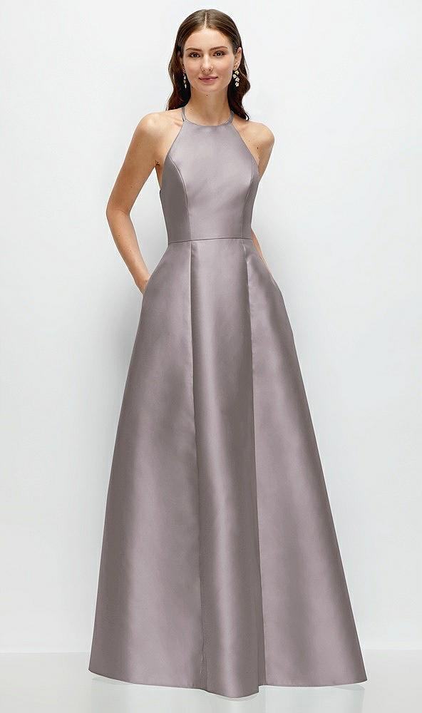 jewel neck halter full a-line satin maxi dress
