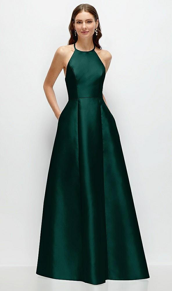 jewel neck halter full a-line satin maxi dress