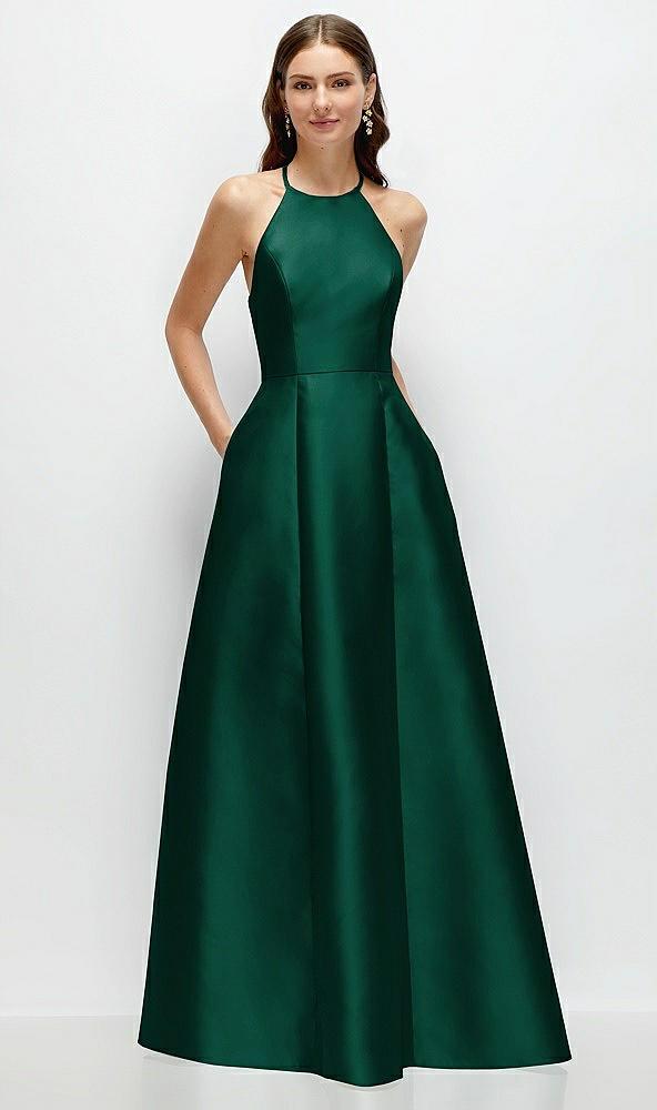 jewel neck halter full a-line satin maxi dress