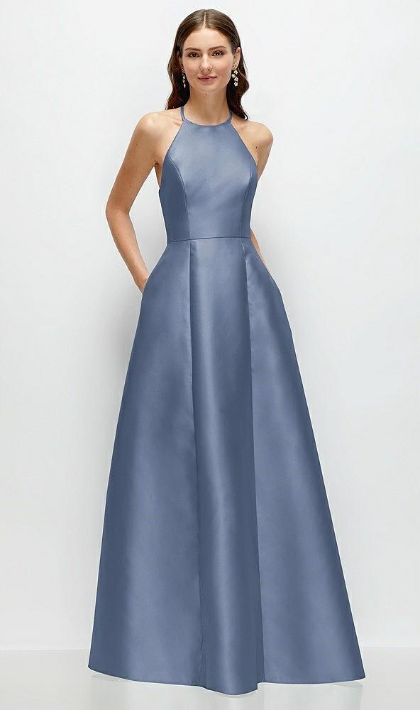jewel neck halter full a-line satin maxi dress