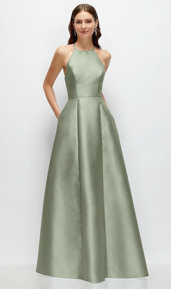 jewel neck halter full a-line satin maxi dress