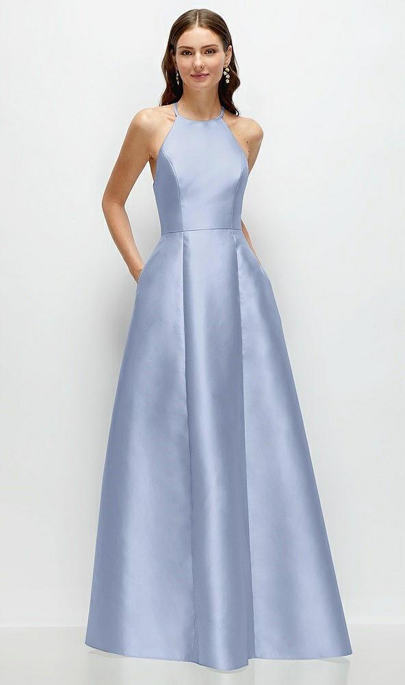jewel neck halter full a-line satin maxi dress